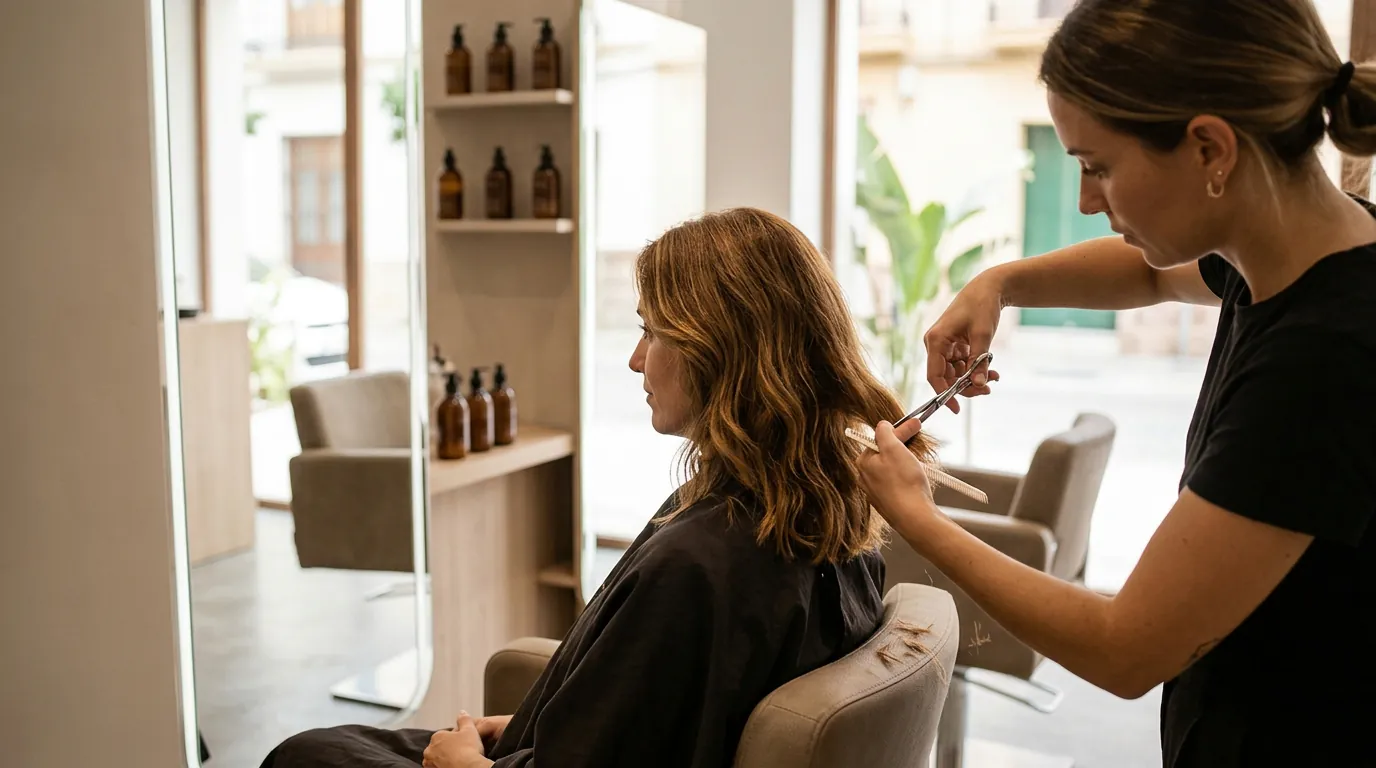 Estilista realizando un corte de puntas preciso a una clienta para sanear y fortalecer el cabello dañado.
