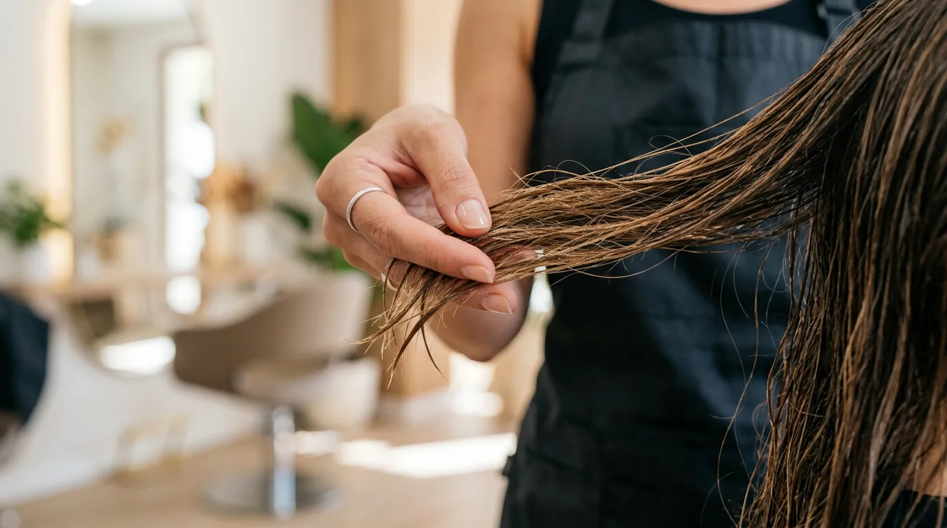 Primer plano de una estilista analizando un mechón de cabello mojado y dañado para identificar el tipo de daño capilar.